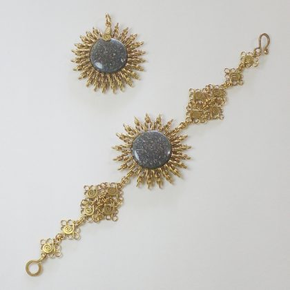 Black chalcedony brass set - Wire wrapped Bracelet and Pendant