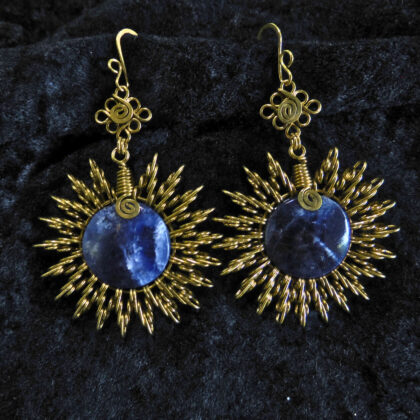 Sodalite wire wrapped earrings -  Brass - sun weave