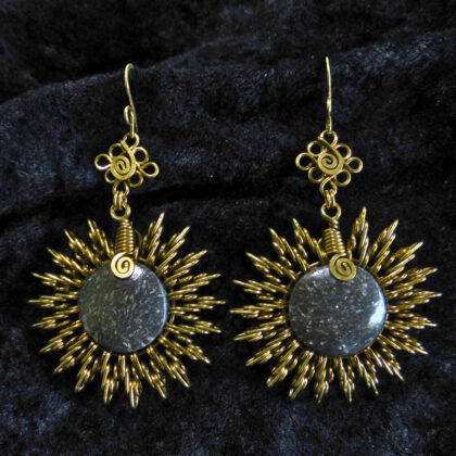 Black Chalcedony  wire wrapped earrings -  Brass - sun weave