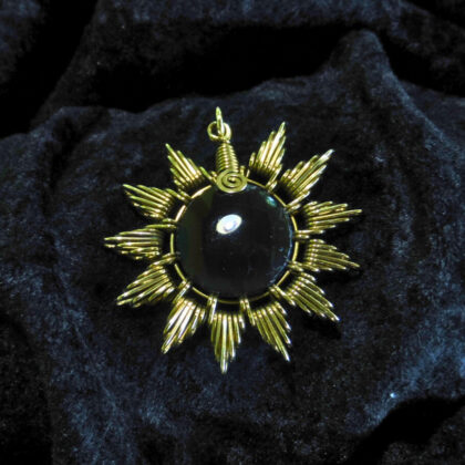 Obsidian wire wrapped pendant - brass - sun weave v2
