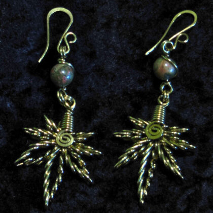 Unakite Magic Leaf - Wire wrapped earrings -  Brass